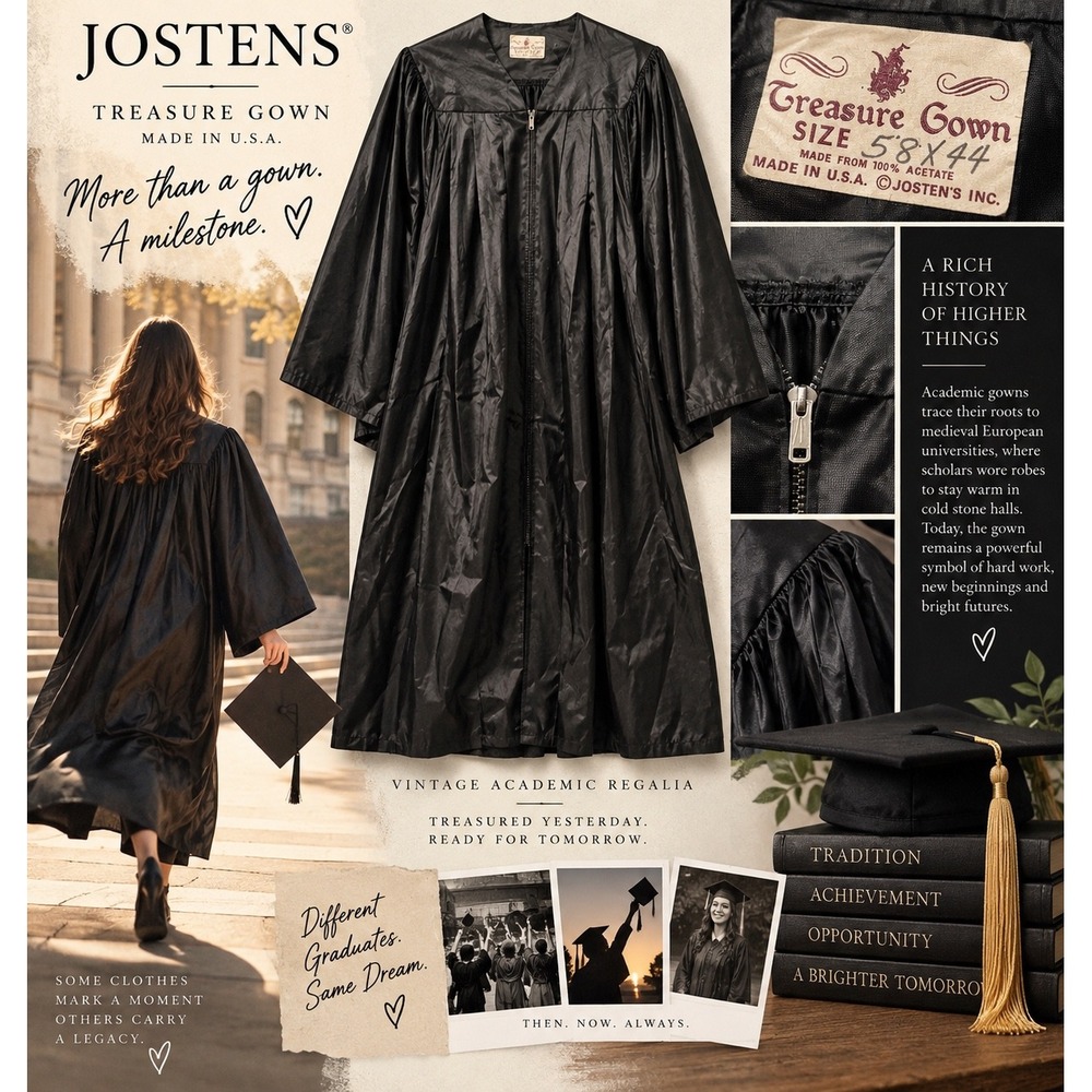 Vintage Jostens Treasure Gown Black Graduation Academic Robe 5ft 8in x 44 USA